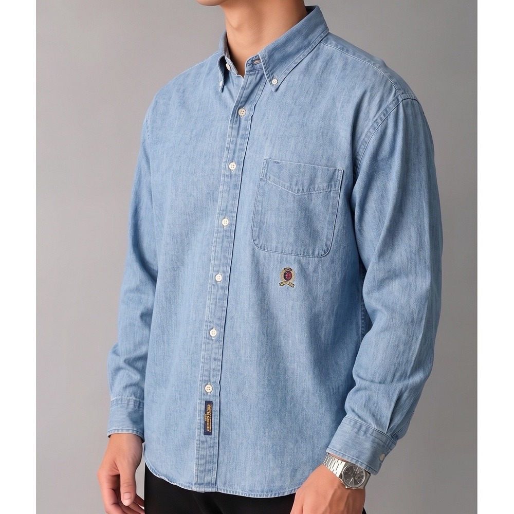 Vtg 90s Tommy Hilfiger Denim Shirt XL - 16.5-35 Lion Crest Logo Button Down